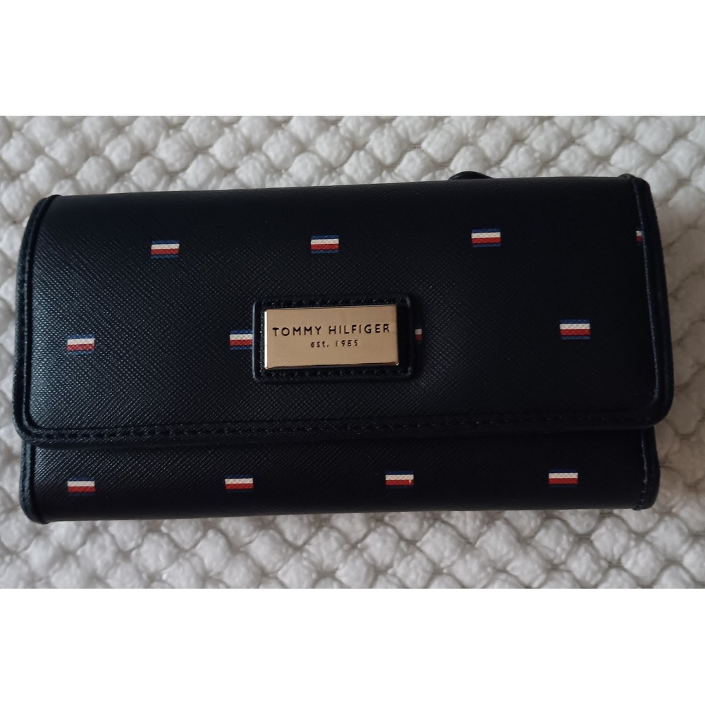 Tommy Hilfiger Navy Blue Saffiano Trifold Wallet Flag Print Gold Logo Plaque